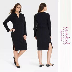 Isabel Maternity | Black Ribbed Henley Maternity Long Sleeve Crop | Size Large